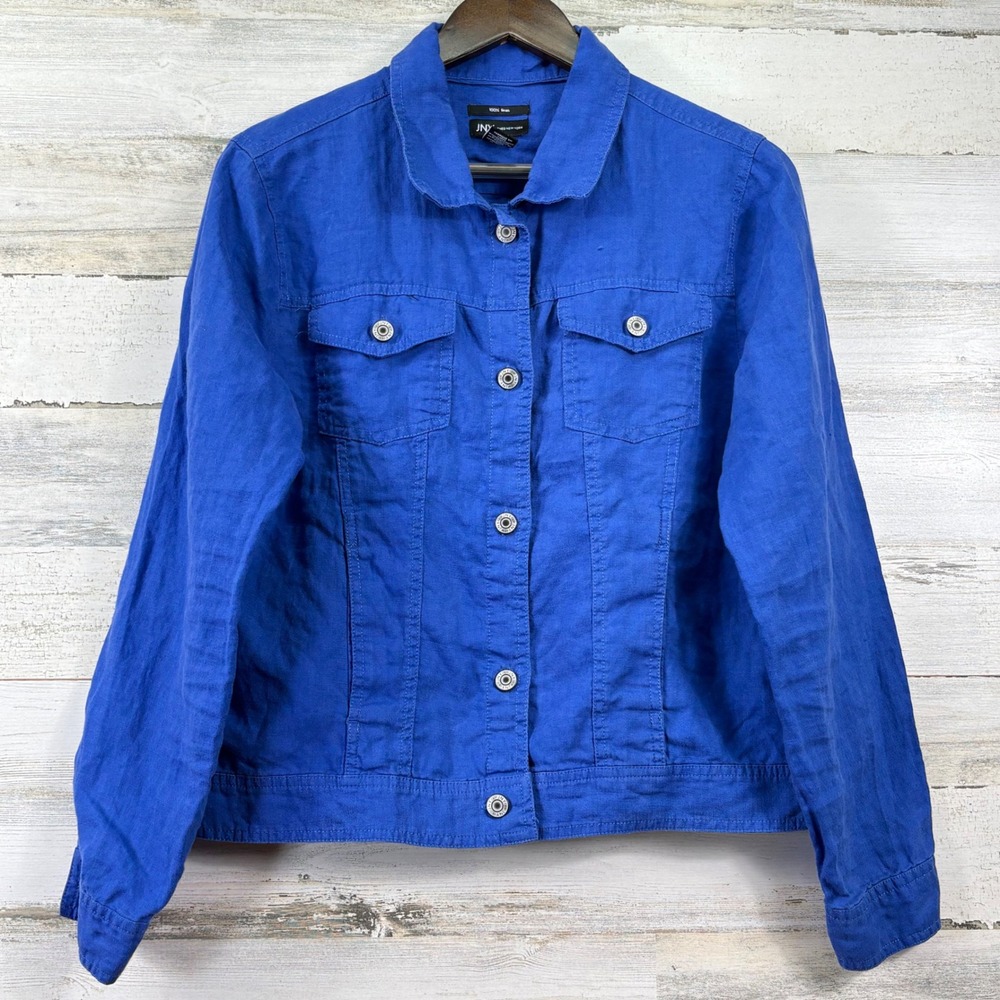 Jones New York Jacket Womens Large Blue Linen Button Up Trucker Casual Chic